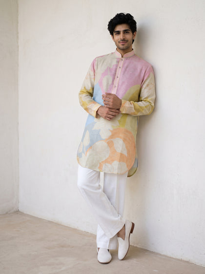Multi-Colour Satin Linen Floral Printed Kurta Set with White Palazzo for Men