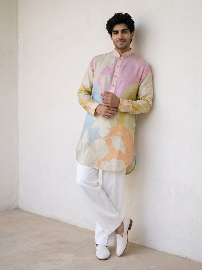 Multi-Colour Satin Linen Floral Printed Kurta Set with White Palazzo for Men - KORANM