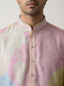 Multi-Colour Satin Linen Floral Printed Kurta Set with White Palazzo for Men
