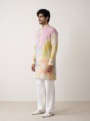 Multi-Colour Satin Linen Floral Printed Kurta Set with White Palazzo for Men