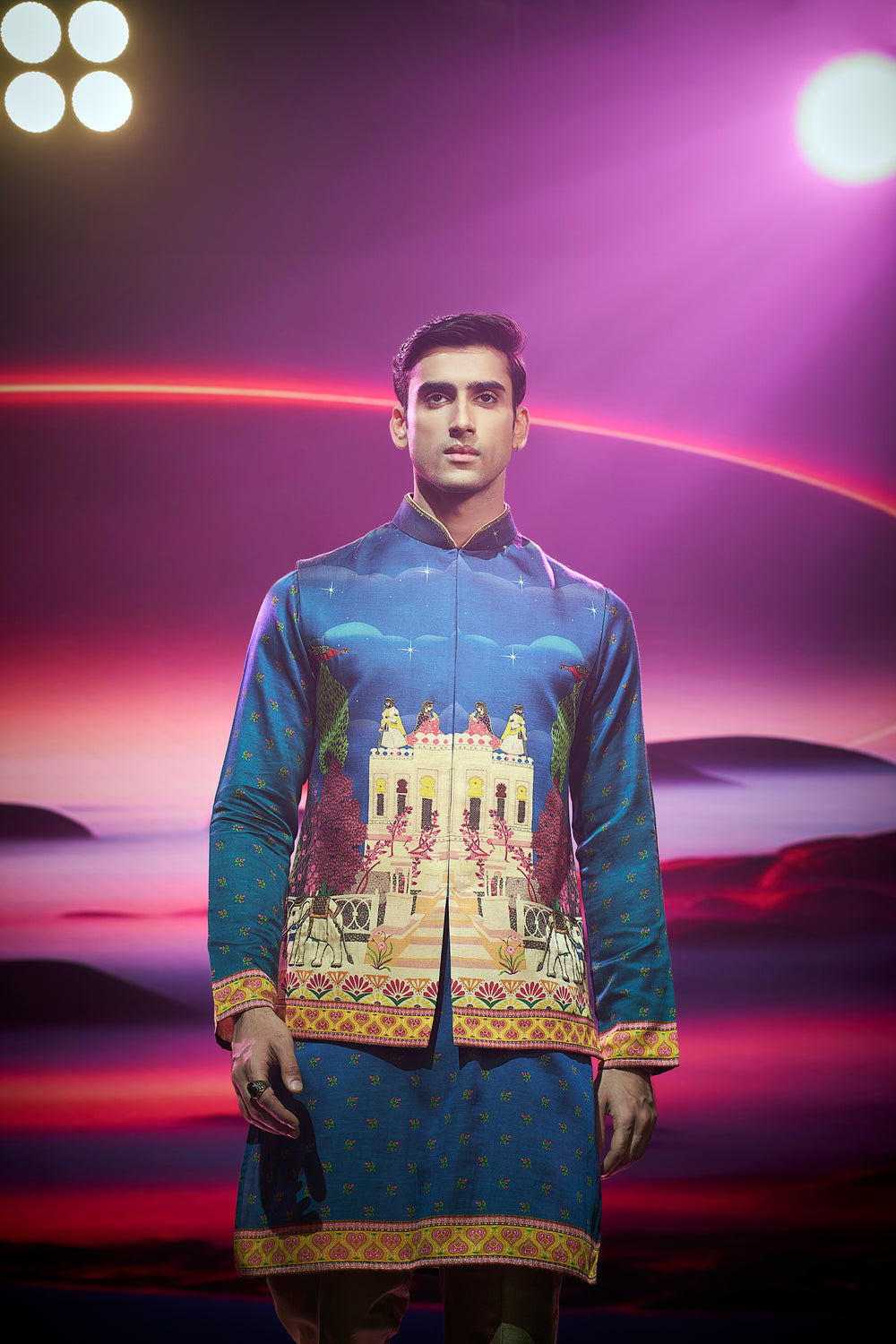 Rama Green Silk Heritage Print with Antique Gold Highlight Embroidery Kurta Jacket Set