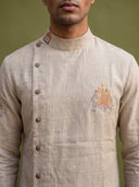 Natural Beige Linen Side-Open Royal Elephant Printed Kurta & White Aligarhi Set