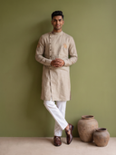 Natural Beige Linen Side-Open Royal Elephant Printed Kurta & White Aligarhi Set