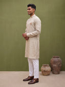 Natural Beige Linen Side-Open Royal Elephant Printed Kurta & White Aligarhi Set