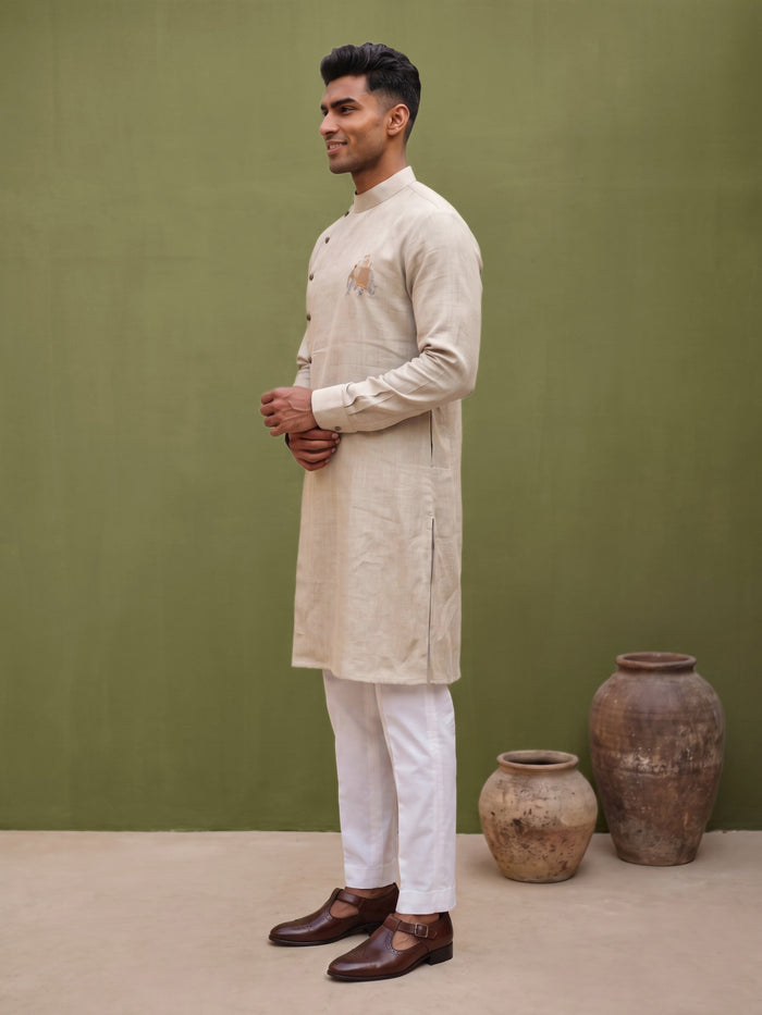 Natural Beige Linen Side-Open Royal Elephant Printed Kurta & White Aligarhi Set - KORANM