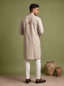 Natural Beige Linen Side-Open Royal Elephant Printed Kurta & White Aligarhi Set