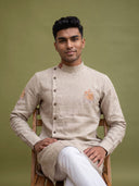 Natural Beige Linen Side-Open Royal Elephant Printed Kurta & White Aligarhi Set