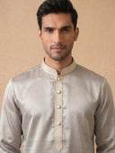 Light Grey Silk Kurta Set for Men with Solid Design and White Aligarhi Bottom