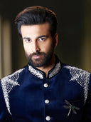 Royal Navy Velvet Embroidered Bandhgala Jodhpuri Set with Matching Pants | Worn by Meezaan Jafri | Kora by Nilesh Mitesh