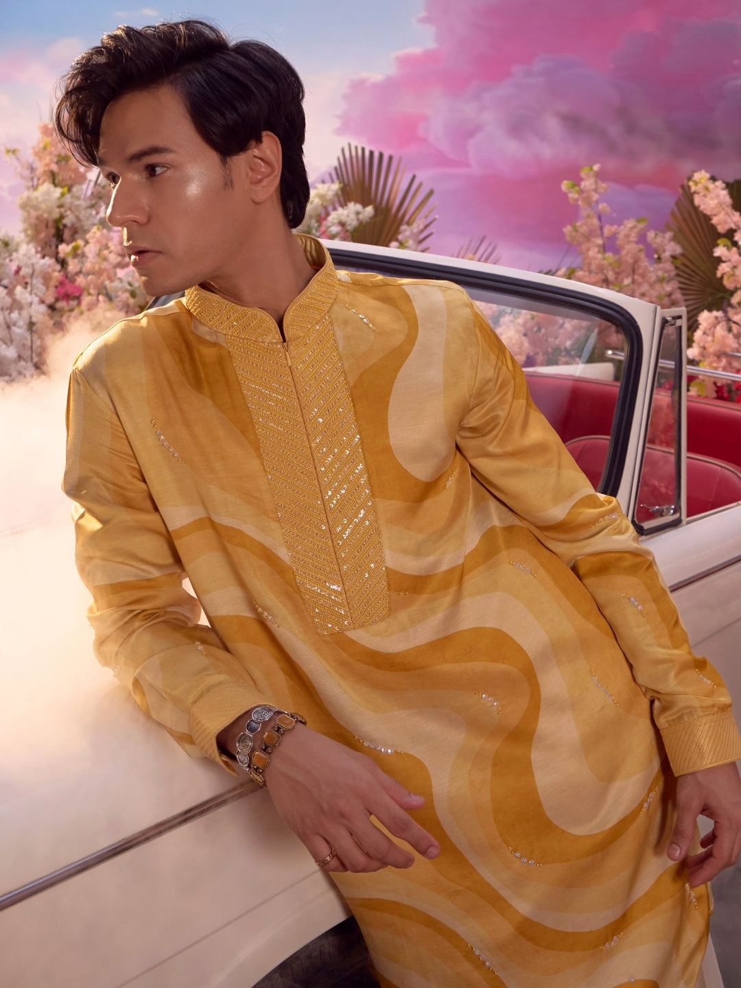 Mustard Linen Satin Embroidered Kurta Set Carnival Collection - KORANM