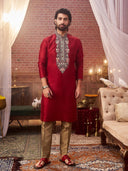 Red Mysore Silk Kurta Set with embroidery