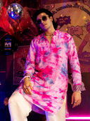 Pink Printed & Mirror Work Kurta Set with Off White palazzo Pant | Men's Festive Wear - KORANM