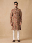 Maroon Blended Silk Kurta Set with White Aligarhi for Men – Floral Ethnic Wear - KORANM