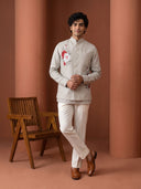 Natural Fawn Linen Hand-Printed Bandi Shirt with Chinese Collar