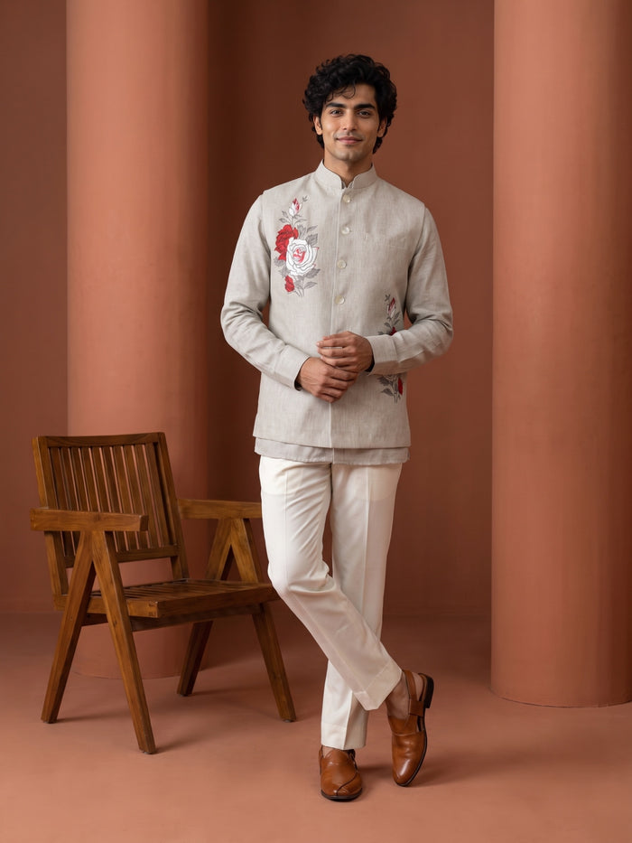 Natural Fawn Linen Hand-Printed Bandi Shirt with Chinese Collar - KORANM