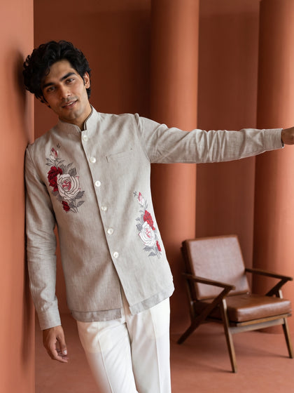 Natural Fawn Linen Hand-Printed Bandi Shirt with Chinese Collar