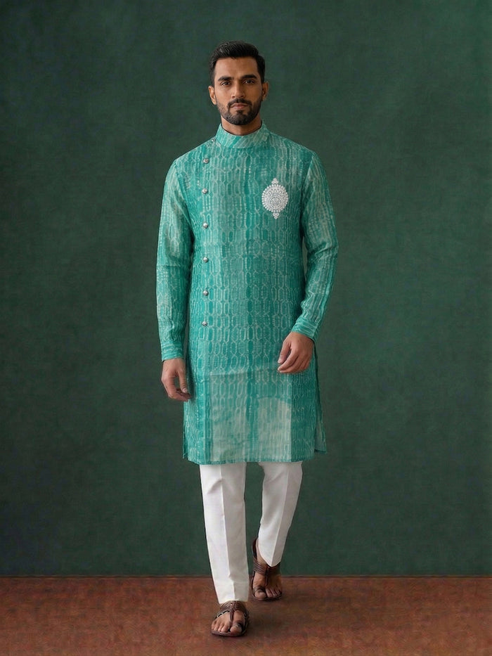 Sea Green Silk Kurta Set for Men with Printed Pattern and White Aligarhi Bottom - KORANM