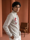 Natural Fawn Linen Hand-Printed Bandi Shirt with Chinese Collar