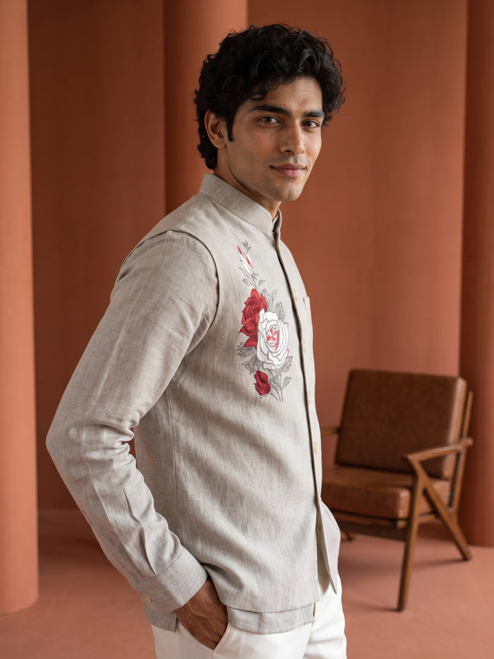 Natural Fawn Linen Hand-Printed Bandi Shirt with Chinese Collar - KORANM