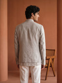 Natural Fawn Linen Hand-Printed Bandi Shirt with Chinese Collar