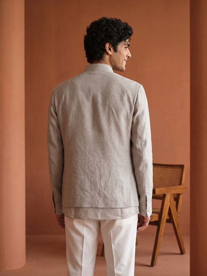 Natural Fawn Linen Hand-Printed Bandi Shirt with Chinese Collar - KORANM