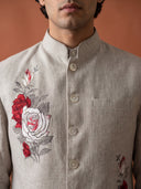 Natural Fawn Linen Hand-Printed Bandi Shirt with Chinese Collar
