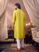 Yellow Embroidered Mysore Silk Kurta Set