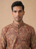 Maroon Blended Silk Kurta Set with White Aligarhi for Men – Floral Ethnic Wear - KORANM