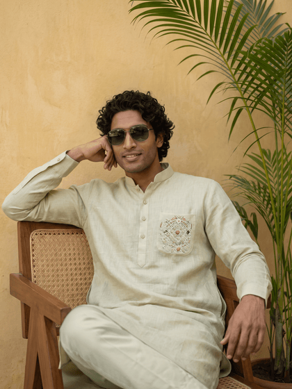Light Pista Green Linen Embroidered Kurta with Aligarhi Bottoms