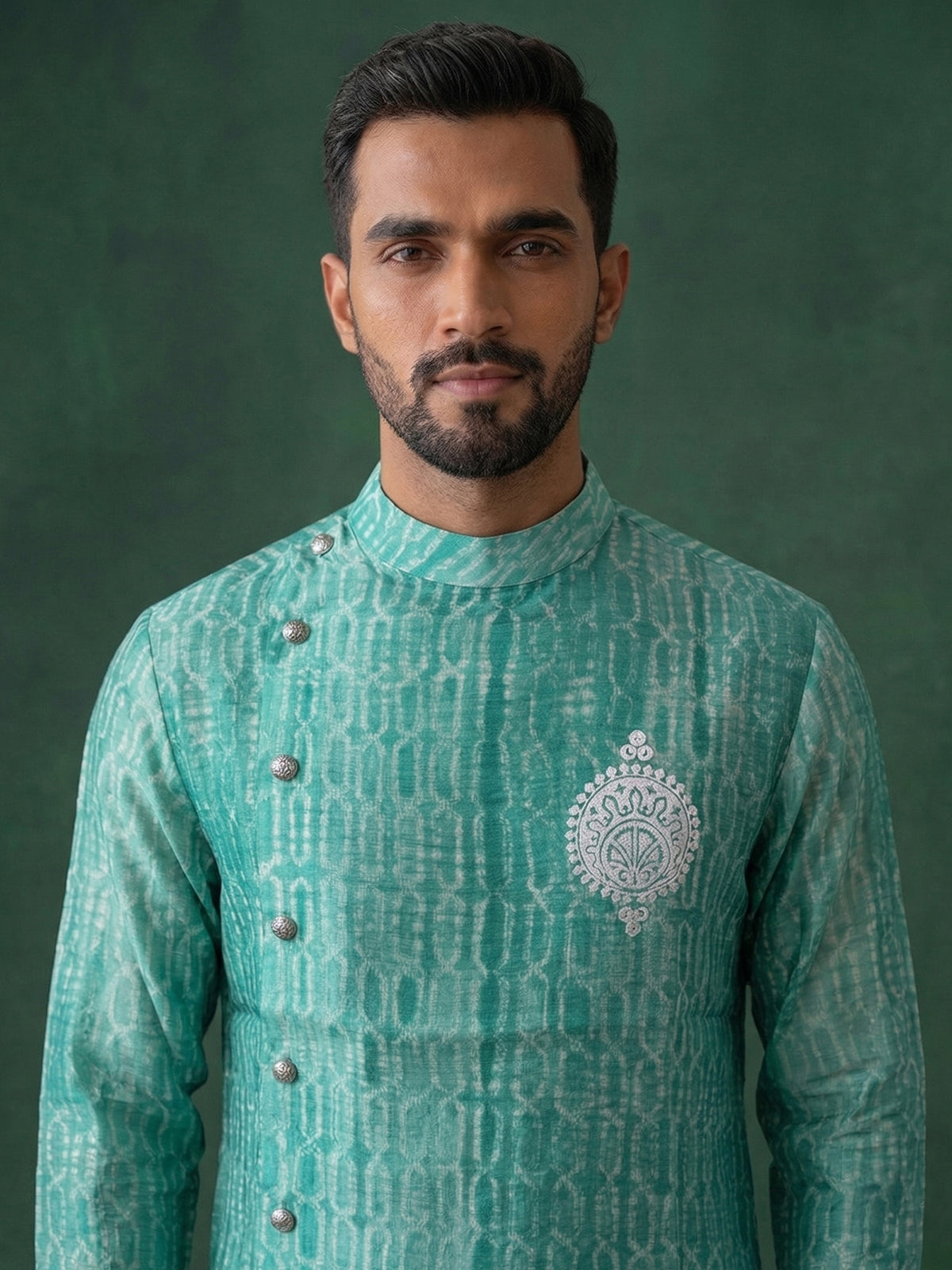 Sea Green Silk Kurta Set for Men with Printed Pattern and White Aligarhi Bottom - KORANM
