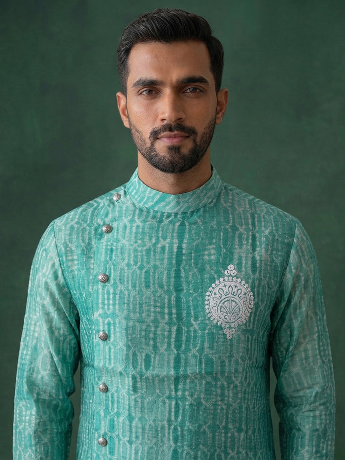 Sea Green Silk Kurta Set for Men with Printed Pattern and White Aligarhi Bottom - KORANM