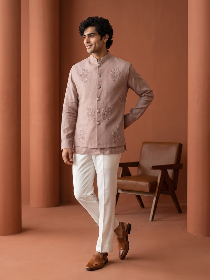 Onion Pink Linen Bandi Shirt with Tone-on-Tone Floral Hand Embroidery