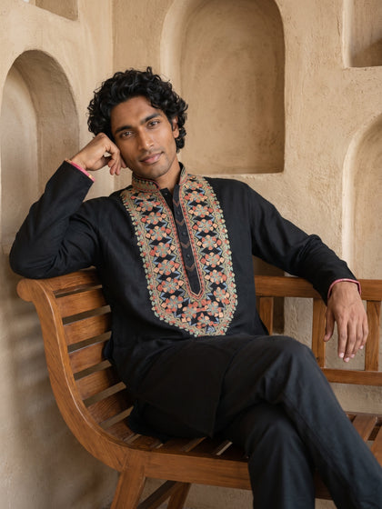 Black Linen Multi-Color Embroidered Kurta and Palazzo