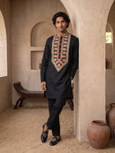 Black Linen Multi-Color Embroidered Kurta and Palazzo