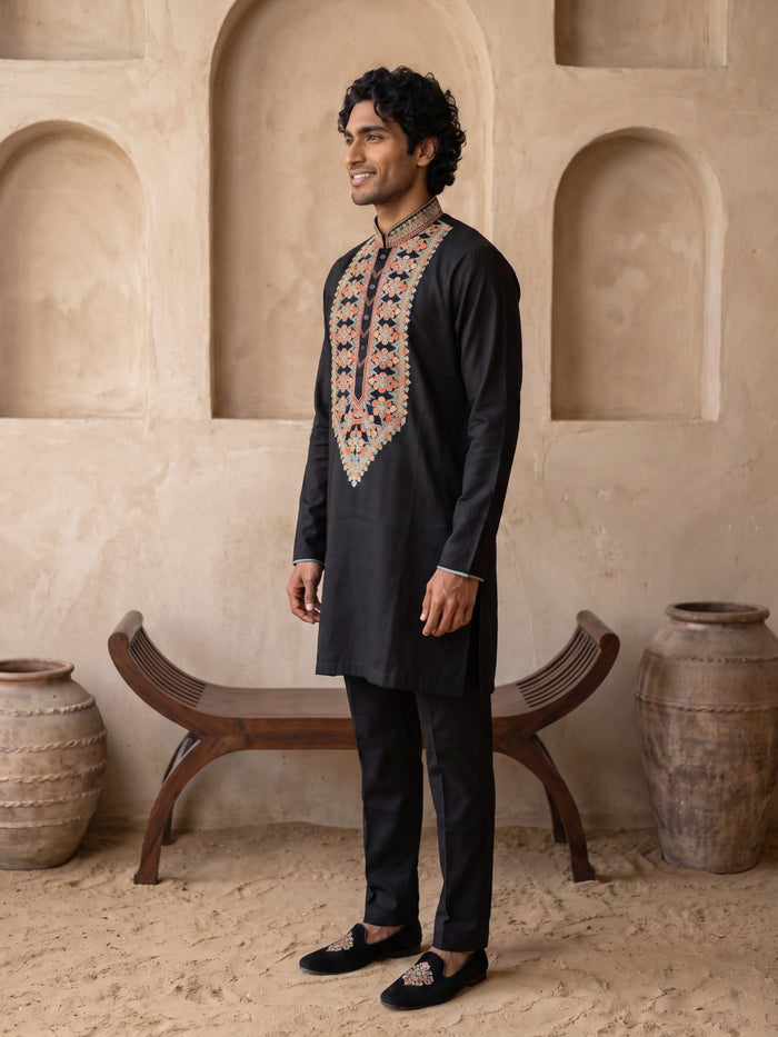 Black Linen Multi-Color Embroidered Kurta and Palazzo - KORANM