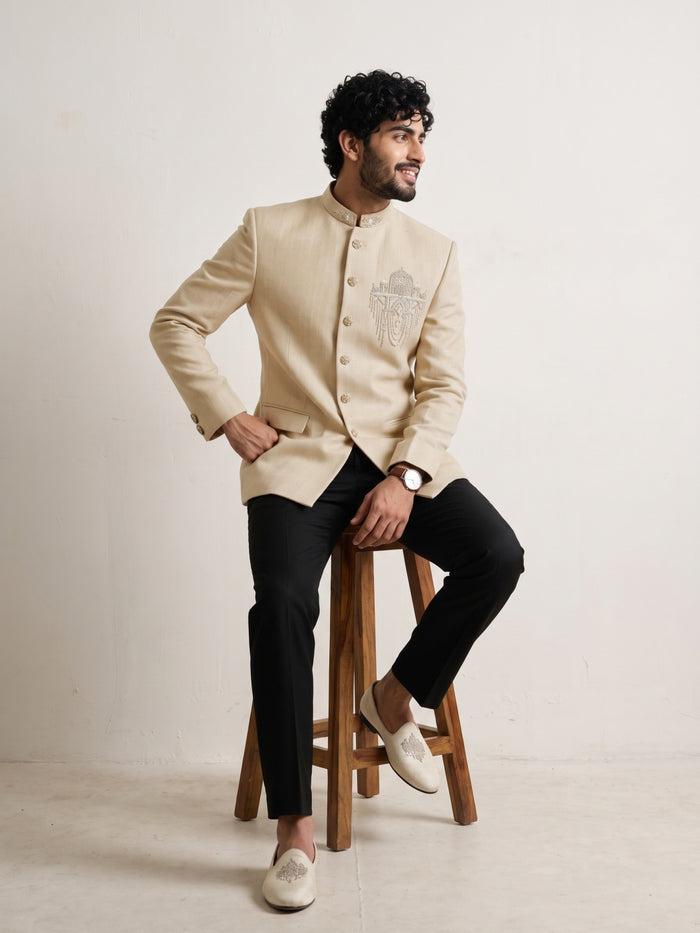 Natural Chest Motif Embroidered Silk Jodhpuri Set