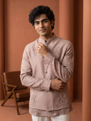 Onion Pink Linen Bandi Shirt with Tone-on-Tone Floral Hand Embroidery