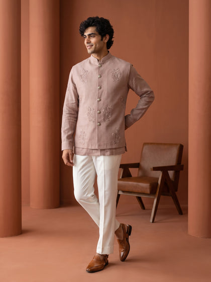 Onion Pink Linen Bandi Shirt with Tone-on-Tone Floral Hand Embroidery for Men