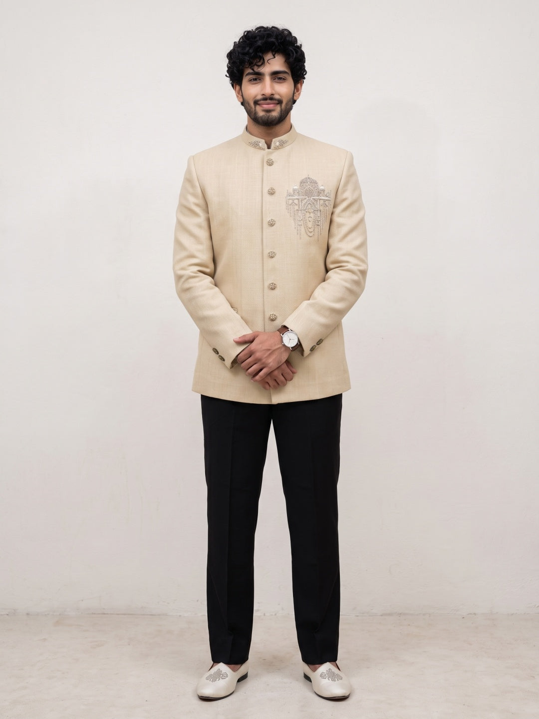 Natural Chest Motif Embroidered Silk Jodhpuri Set for Men