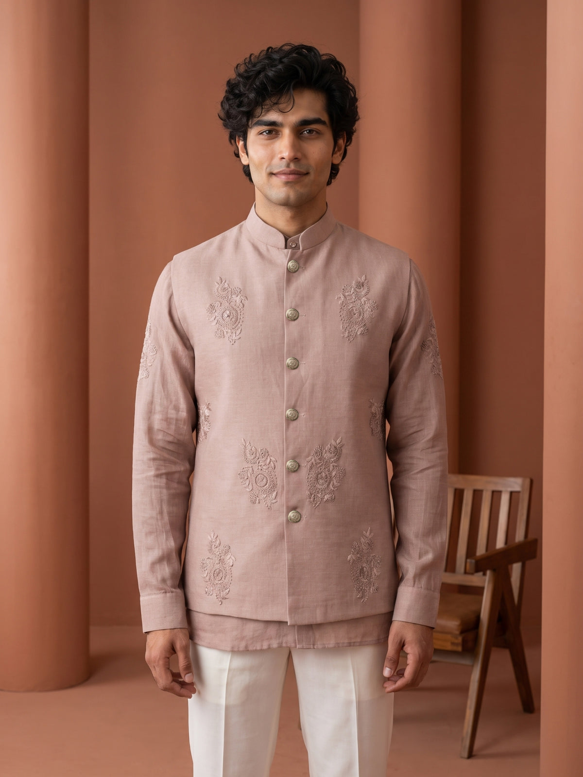 Onion Pink Linen Bandi Shirt with Tone-on-Tone Floral Hand Embroidery for Men