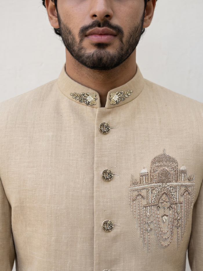 Natural Chest Motif Embroidered Silk Jodhpuri Set