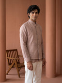 Onion Pink Linen Bandi Shirt with Tone-on-Tone Floral Hand Embroidery for Men