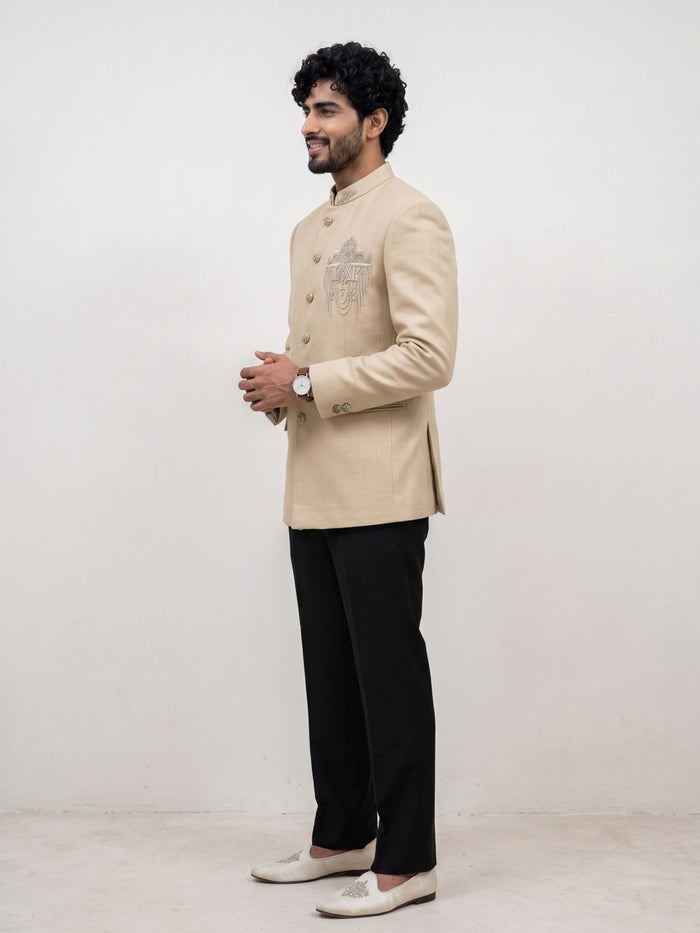 Natural Chest Motif Embroidered Silk Jodhpuri Set
