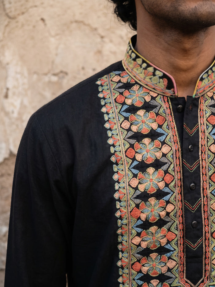 Black Linen Multi-Color Embroidered Kurta and Palazzo - KORANM