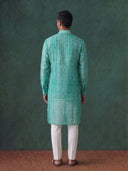 Sea Green Silk Kurta Set for Men with Printed Pattern and White Aligarhi Bottom