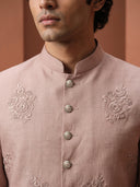Onion Pink Linen Bandi Shirt with Tone-on-Tone Floral Hand Embroidery