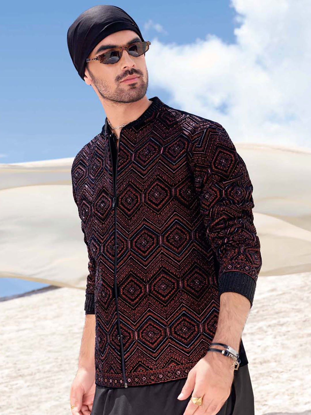 Coal Black Kurta Set With Embroidered Velvet Bomber Jacket Set