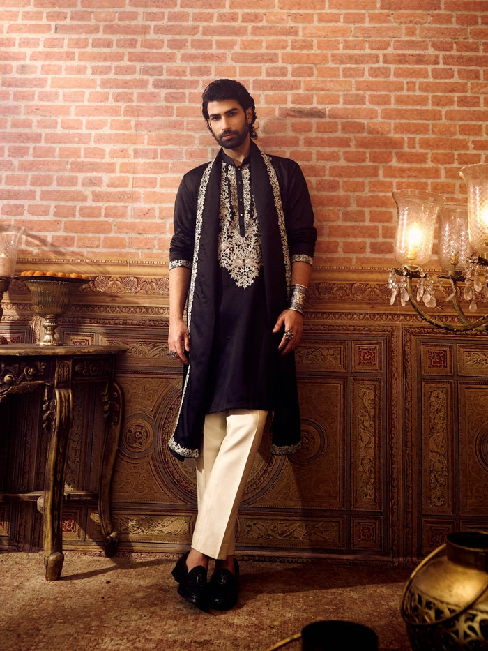 Classic Black Embroidered Satin Linen Kurta Set