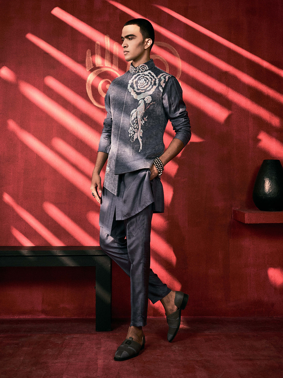 Chanel Velvet Grey Kurta Set With Sequins Work and Aligadi Pants