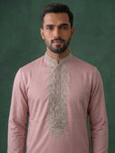 Pink Silk Kurta Set with White Aligarhi – Embroidered Ethnic Wear for Men